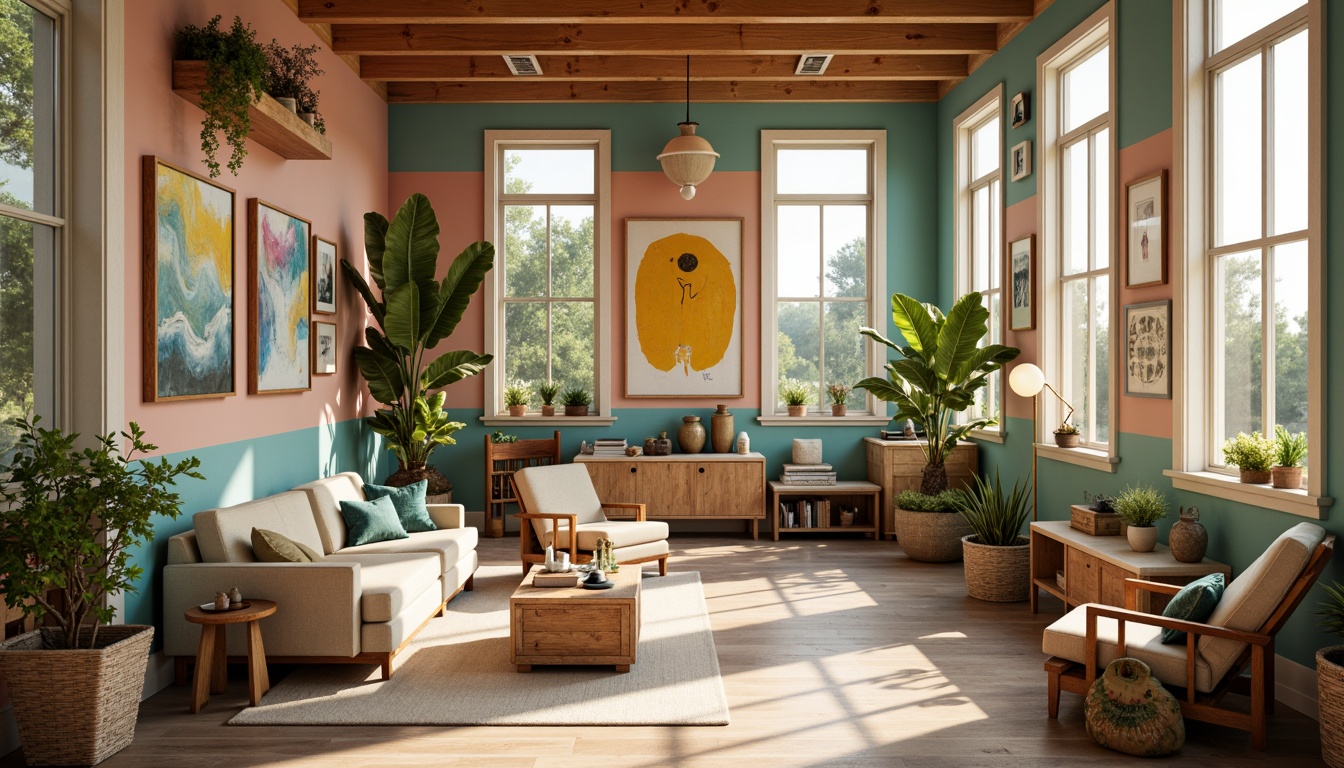 Prompt: Vibrant art studio, natural wood accents, eclectic furniture, abstract artwork, pastel color scheme, soft peach walls, creamy white trim, rich turquoise accents, bold yellow statements, subtle texture overlays, warm golden lighting, shallow depth of field, 1/2 composition, intimate atmosphere, realistic brushstrokes.