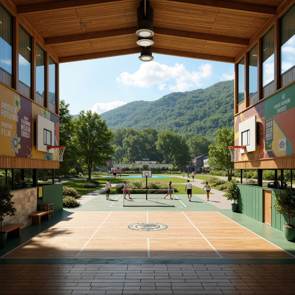 Prompt: Vibrant gymnasium interior, natural stone walls, wooden flooring, abundant greenery, large windows, soft warm lighting, 3/4 composition, panoramic view, realistic textures, ambient occlusion; modern athletic equipment, basketball hoops, tennis courts, running tracks, exercise machines, sports-themed murals, motivational quotes; outdoor landscape integration, rolling hills, serene lake views, walking trails, lush forests, blooming flowers, sunny day, clear blue sky.