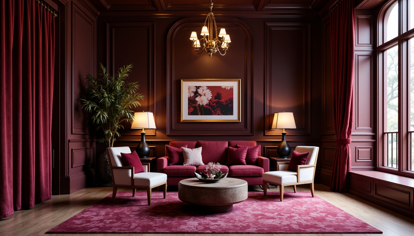 Prompt: Rich plum tones, luxurious velvet textures, warm golden lighting, ornate wooden accents, lavish furnishings, opulent drapery, jewel-toned accessories, sophisticated modern architecture, sleek lines, minimalist decor, bold color blocking, deep berry hues, soft blush undertones, subtle sheen finishes, elegant atmosphere, refined sophistication, intimate ambiance, dramatic shadows, high contrast ratio.