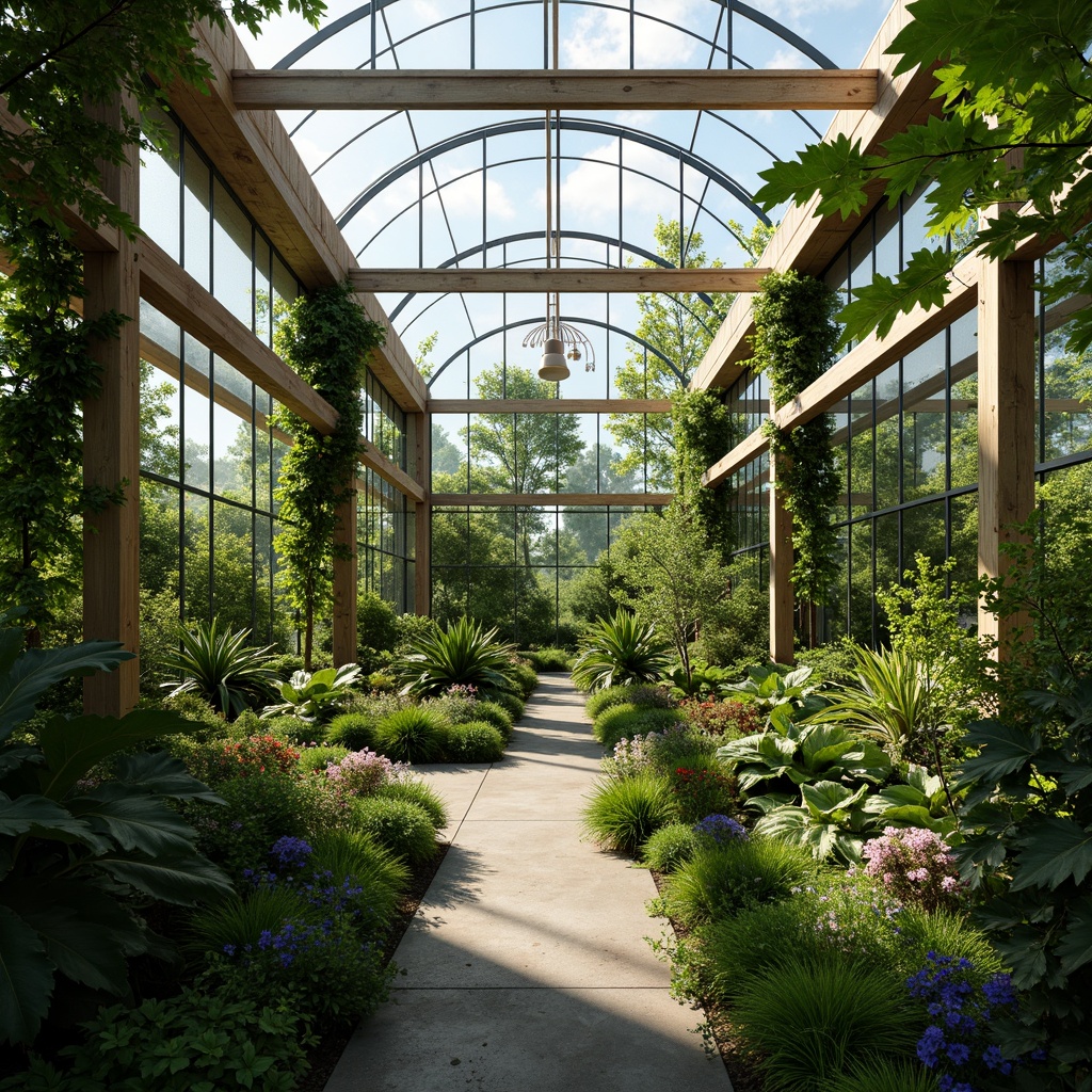 Prompt: Eco-friendly greenhouse, lush vegetation, tropical plants, natural ventilation, passive solar design, recycled materials, rainwater harvesting, gray water systems, living roofs, green walls, energy-efficient glass, insulated frames, misting irrigation, climate-controlled environments, warm natural lighting, shallow depth of field, 3/4 composition, panoramic view, realistic textures, ambient occlusion.