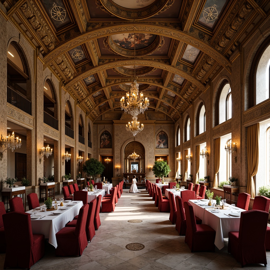 Prompt: Grand dining hall, Byzantine style arches, ornate mosaics, golden accents, marble floors, intricately carved wooden ceilings, lavish chandeliers, velvet drapes, regal thrones, ornamental columns, intricate frescoes, mystical ambiance, soft warm lighting, shallow depth of field, 1/2 composition, realistic textures, ambient occlusion.