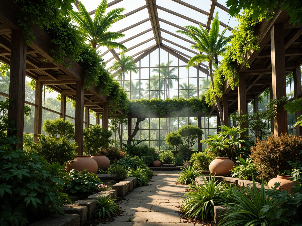 Prompt: Vibrant tropical greenhouse, lush green foliage, warm natural lighting, earthy terracotta pots, misty atmosphere, gentle water features, natural stone pathways, wooden trellises, organic shapes, soft pastel colors, calming ambiance, serene escape, botanical specimens, exotic flowers, leafy textures, subtle color gradations, harmonious palette, 1/2 composition, shallow depth of field, realistic renderings.