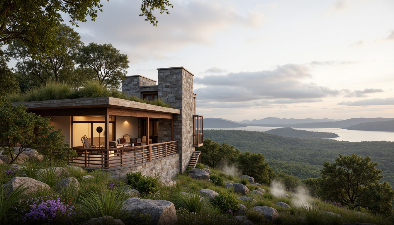 Prompt: Secluded watching tower, rustic stone walls, wooden accents, verdant rooftop garden, blooming wildflowers, gentle misting system, panoramic views, rolling hills, serene lake surroundings, tranquil atmosphere, soft warm lighting, shallow depth of field, 3/4 composition, realistic textures, ambient occlusion, natural blend with surroundings, organic curves, earthy tones, secluded seating areas, scenic lookout points, minimalist design.