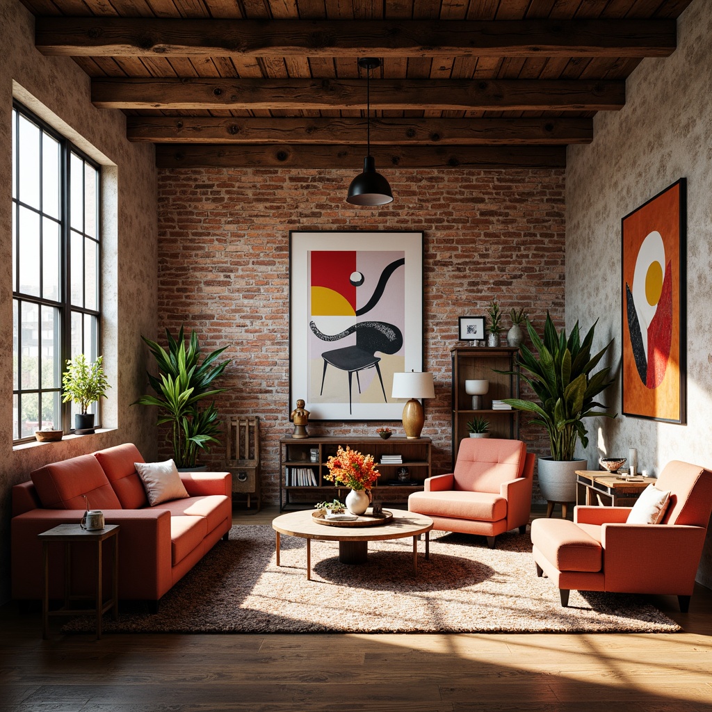 Prompt: Vibrant artistic studio, eclectic furniture pieces, bold color blocking, contrasting textures, abstract artwork, exposed brick walls, industrial metal beams, reclaimed wood accents, natural light pouring in, soft warm glow, shallow depth of field, 3/4 composition, realistic renderings, ambient occlusion.