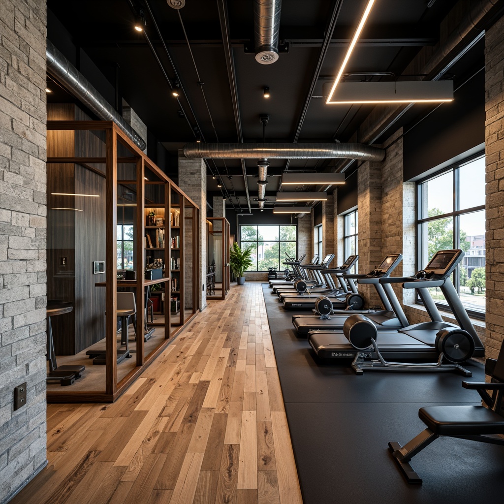 Prompt: Luxurious fitness club, sleek metal equipment, polished wood floors, textured stone walls, matte black rubber flooring, glass partitions, minimalist lighting, industrial chic decor, urban loft atmosphere, reclaimed wood accents, metallic beams, exposed ductwork, high-gloss paint finishes, contrasting rough-hewn concrete columns, smooth leather upholstery, dynamic color blocking, 1/1 composition, dramatic backlighting, realistic reflections.