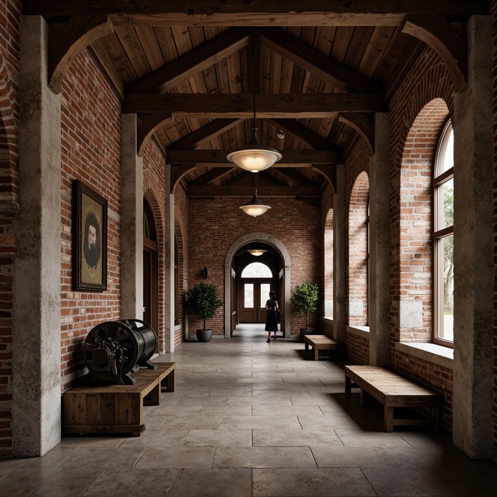 Prompt: Rustic wooden beams, stone columns, ornate metalwork, distressed finishes, vintage machinery, industrial lighting, earthy color palette, textured brick walls, classic archways, symmetrical composition, warm ambient lighting, shallow depth of field, 2/3 rule composition, realistic render, subtle wear and tear, nostalgic atmosphere, traditional craftsmanship, elegant proportions, sophisticated detailing.