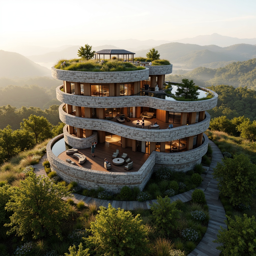 Prompt: Panoramic watching tower, harmonious landscape integration, natural stone foundation, wooden decks, green roofs, lush vegetation, wildflowers, winding stairs, scenic overlooks, binoculars, telescopes, observation areas, comfortable seating, warm wood accents, earthy color palette, misty mornings, soft golden lighting, 1/2 composition, atmospheric perspective, realistic foliage, ambient sounds.