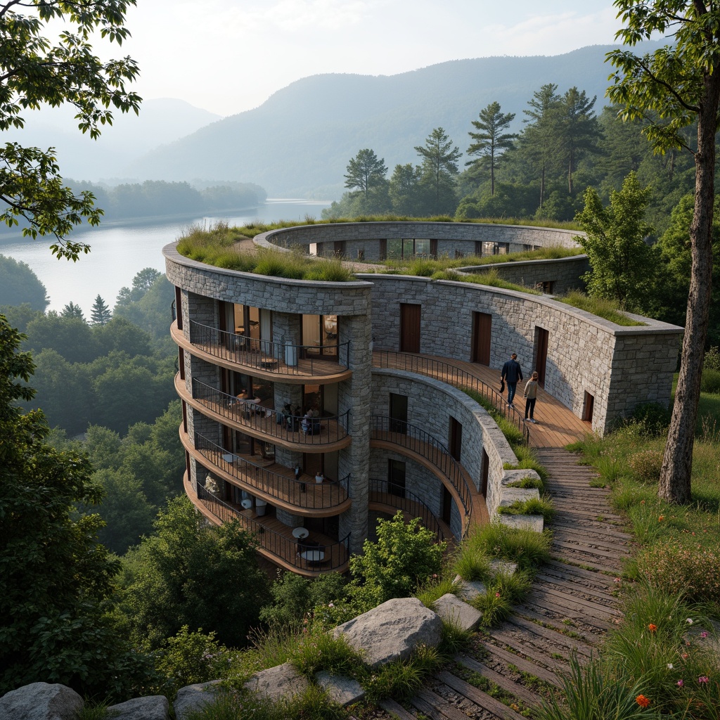 Prompt: Watchtower with natural stone walls, lush green roofs, wooden decks, scenic viewpoints, binoculars, rustic benches, winding staircases, panoramic windows, metal railings, weathered wood accents, earthy color palette, misty morning atmosphere, soft diffused lighting, shallow depth of field, 1/1 composition, realistic textures, ambient occlusion, surrounded by dense forest, towering trees, wildflowers, meandering hiking trails, serene lake views, mountainous backdrop.