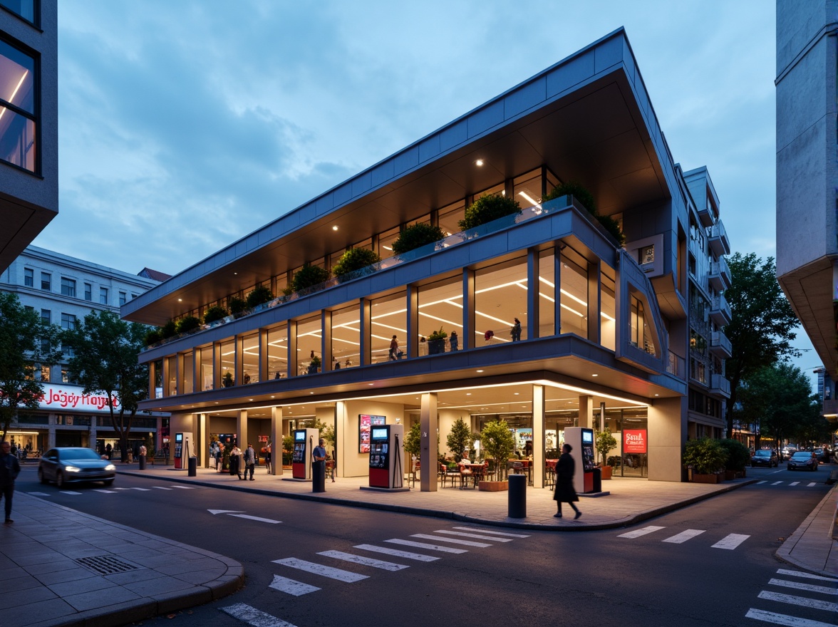 Prompt: Modern gas station, sleek metal facade, bold angular lines, neon signage, LED lighting strips, glass canopy, stainless steel accents, industrial chic, urban landscape, busy street scene, morning commute, soft warm glow, shallow depth of field, 1/1 composition, realistic reflections, ambient occlusion.