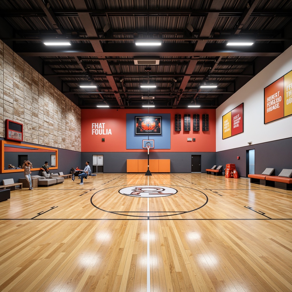 Prompt: Modern gymnasium interior, polished wooden floors, sleek sports equipment, vibrant color accents, motivational quotes, natural stone walls, metal beams, industrial-style lighting, high ceilings, athletic track lines, basketball hoops, weightlifting areas, mirrored walls, rubber flooring, acoustic panels, minimalist seating, modern LED lighting, 1/1 composition, shallow depth of field, realistic textures.