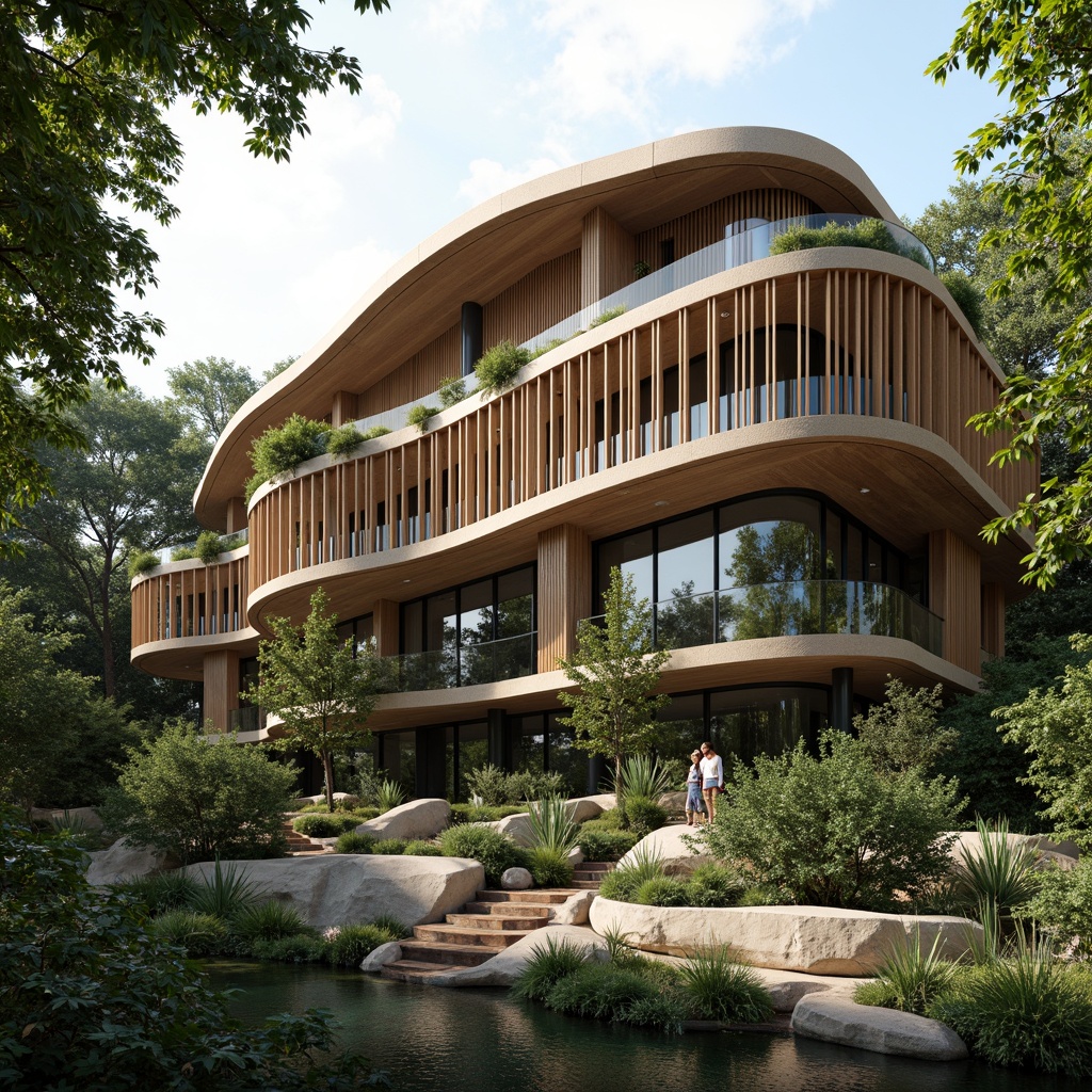 Prompt: Seamless blend of nature, organic curves, earthy tones, wooden accents, living walls, green roofs, floor-to-ceiling windows, natural ventilation systems, rustic stone fa\u00e7ades, cantilevered structures, minimal environmental impact, sustainable building materials, solar panels, rainwater harvesting systems, native plant species, serene water features, gentle misting effects, warm soft lighting, shallow depth of field, 1/1 composition, intimate connection to nature.