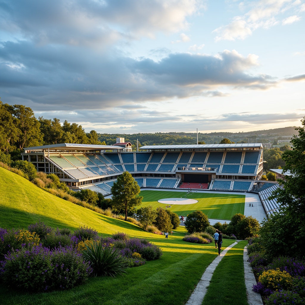 Prompt: Vibrant sports stadium, lush greenery, rolling hills, walking trails, scenic overlooks, athletic fields, recreational spaces, vibrant flowers, ornamental trees, natural stone walls, water features, modern architecture, angular lines, sleek metal structures, glass facades, large windows, panoramic views, soft warm lighting, shallow depth of field, 3/4 composition, realistic textures, ambient occlusion.