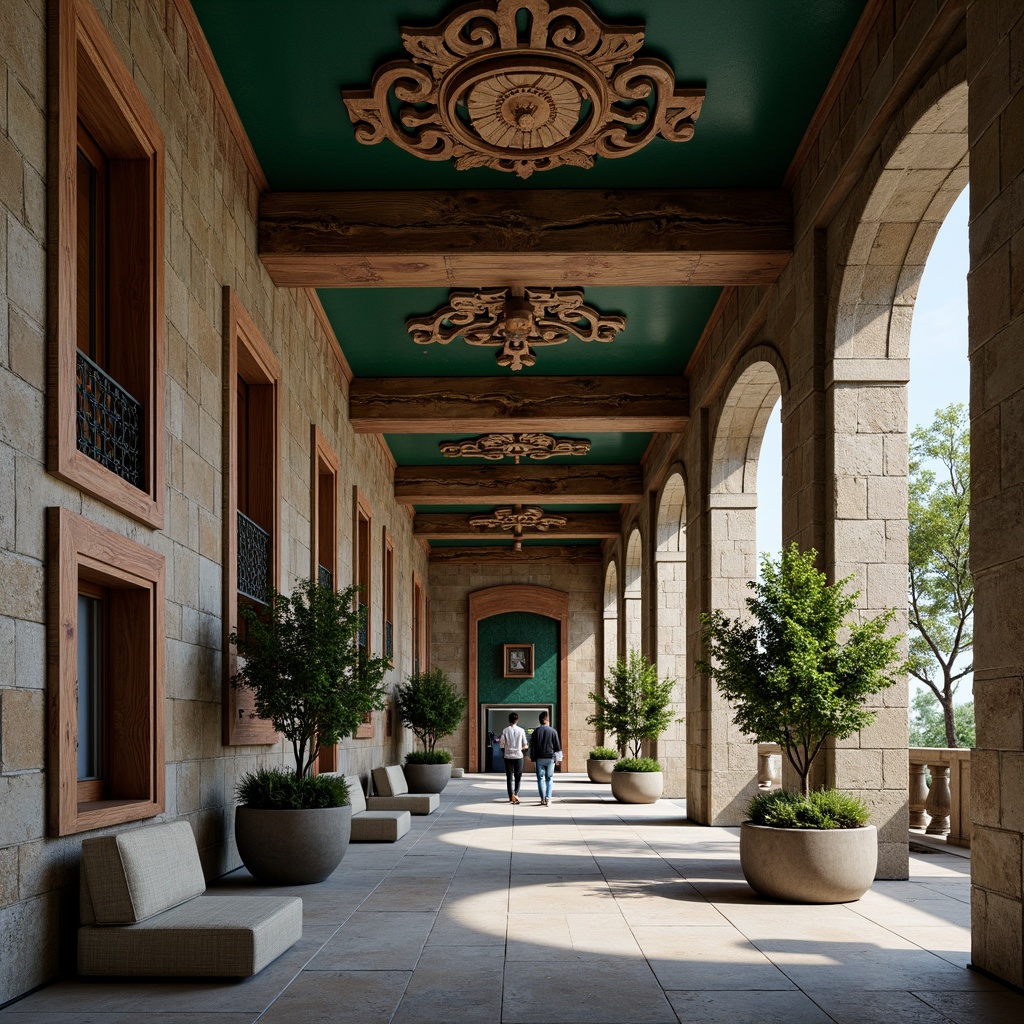 Prompt: Richly textured stone walls, intricate masonry details, rough-hewn wooden accents, smooth metallic surfaces, velvety green roofs, vibrant ceramic tiles, industrial concrete floors, ornate plaster ceilings, natural fiber textiles, warm ambient lighting, shallow depth of field, 3/4 composition, realistic material rendering, subtle color gradients, atmospheric perspective.