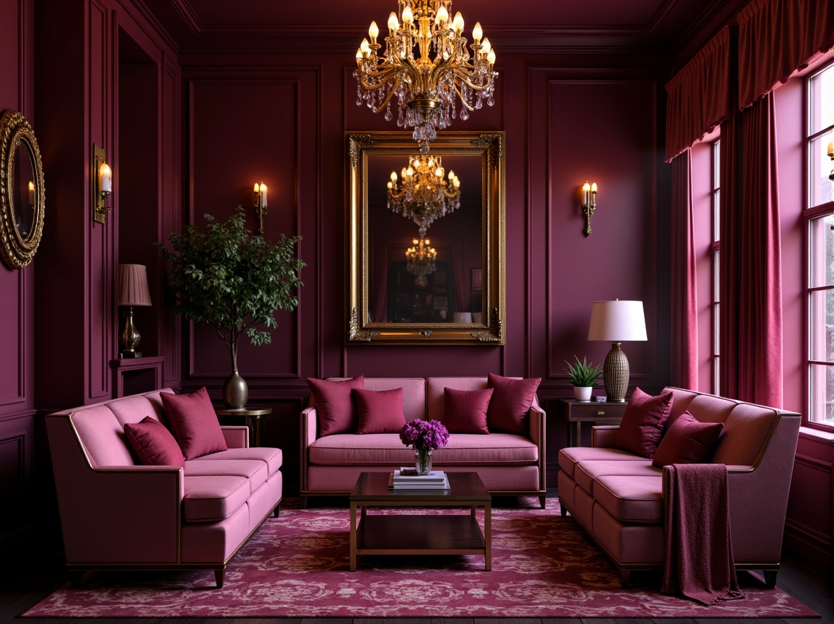 Prompt: Rich plum hues, luxurious velvet fabrics, ornate golden frames, lavish furnishings, opulent chandeliers, dimly lit spaces, mysterious ambiance, warm candlelight, subtle gradient effects, deep berry tones, bold magenta accents, soft blush undertones, intricate floral patterns, baroque-inspired designs, velvety smooth textures, dramatic high-contrast lighting, shallow depth of field, 1/2 composition, cinematic atmosphere.