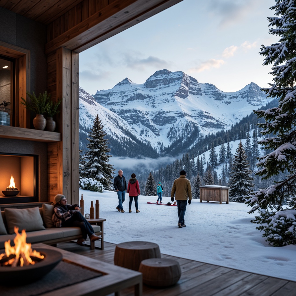 Prompt: Snow-capped mountain peaks, frosty mornings, wooden chalets, ski lifts, snowboarding equipment, warm fireplaces, rustic stone walls, earthy tone colors, natural wood accents, cozy ambient lighting, soft warm glow, shallow depth of field, 2/3 composition, realistic textures, ambient occlusion.