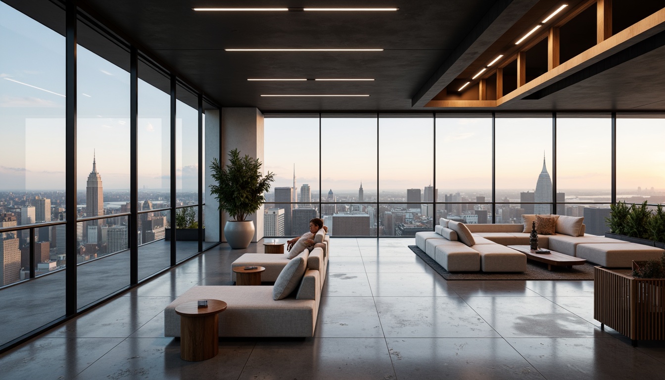 Prompt: Luxurious penthouse, sleek modern architecture, floor-to-ceiling windows, minimalist decor, neutral color palette, polished concrete floors, low-profile furniture, subtle lighting accents, industrial-chic metal beams, panoramic city views, serene atmosphere, soft warm glow, shallow depth of field, 1/1 composition, realistic textures, ambient occlusion.