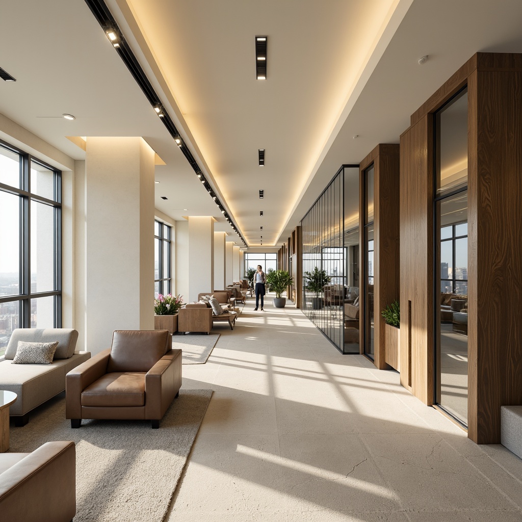 Prompt: Modern office interior, neutral color scheme, calming atmosphere, cream-colored walls, dark wood furniture, metallic accents, sleek glass surfaces, minimalist decor, comfortable seating areas, natural textiles, soft warm lighting, 1/1 composition, shallow depth of field, realistic materials, ambient occlusion.