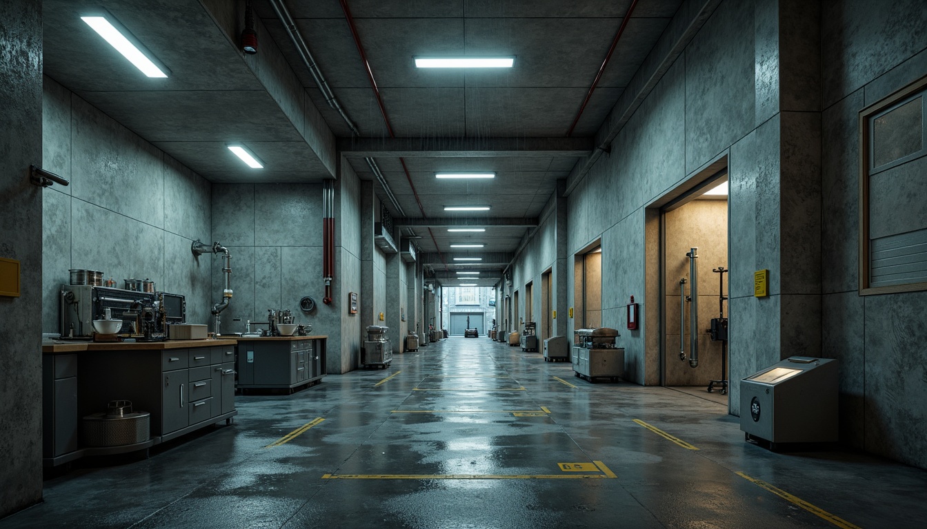 Prompt: Rough exposed concrete walls, brutalist laboratory architecture, industrial pipes, metallic equipment, minimalist decor, raw unfinished ceilings, cold harsh lighting, dramatic shadows, geometric shapes, functional design, scientific instruments, futuristic machinery, urban cityscape, rainy day, high contrast, deep depth of field, 2/3 composition, symmetrical framing, realistic textures, ambient occlusion.