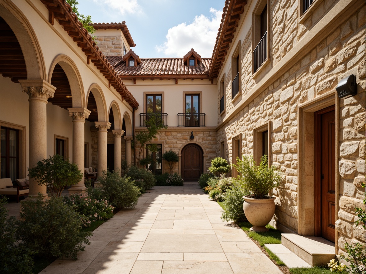 Prompt: Earth-toned stone walls, warm beige arches, rustic red rooftops, soft golden accents, mossy greenery, weathered copper details, muted terracotta hues, creamy white marble, rich brown wood tones, ornate bronze fixtures, sunny afternoon light, soft shadows, atmospheric perspective, 1/2 composition, romantic ambiance, historic textures.