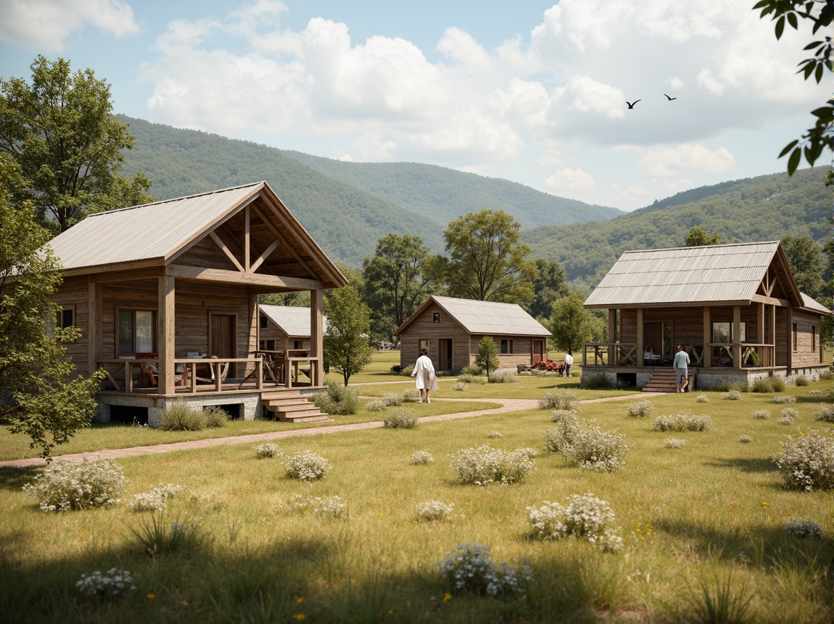 Prompt: Rustic rural landscape, rolling hills, wooden farmhouses, earthy tones, warm beige, soft sage green, weathered wood accents, natural stone foundations, corrugated metal roofs, vintage agricultural equipment, wildflower fields, sunny afternoon light, gentle cloud shadows, shallow depth of field, 1/2 composition, soft focus, realistic textures, ambient occlusion.