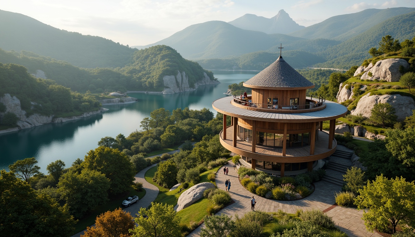 Prompt: Scenic watchtower, harmonious landscape integration, rolling hills, lush green forests, winding stone paths, serene lakeside, majestic mountain views, rustic wooden decks, natural rock formations, earthy tone architecture, curved lines, organic shapes, eco-friendly materials, panoramic viewing platforms, telescopes, binoculars, soft warm lighting, misty atmosphere, shallow depth of field, 3/4 composition, realistic textures, ambient occlusion.