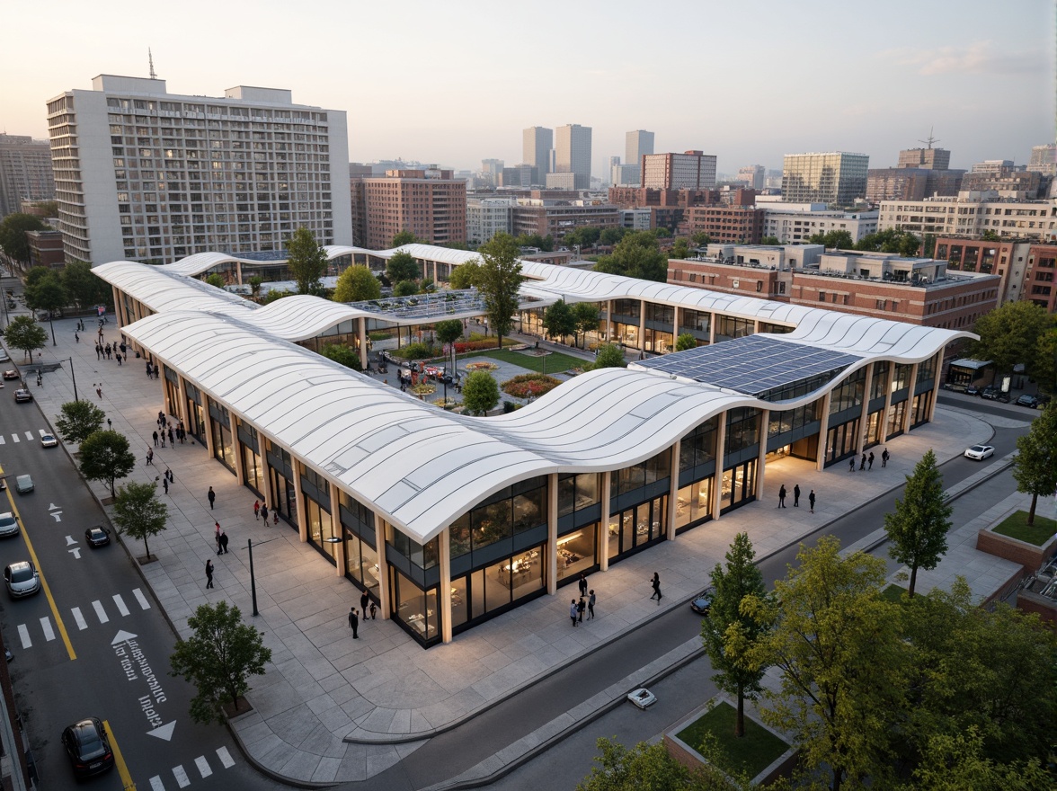 Prompt: Curved rooflines, futuristic bus station, cantilevered canopies, exposed steel beams, polycarbonate roofing, natural ventilation systems, solar panels integration, green roofs, rainwater harvesting systems, translucent ETFE fa\u00e7ade, minimalistic columns, urban landscape, busy streets, pedestrian-friendly infrastructure, modern cityscape, soft warm lighting, shallow depth of field, 3/4 composition.