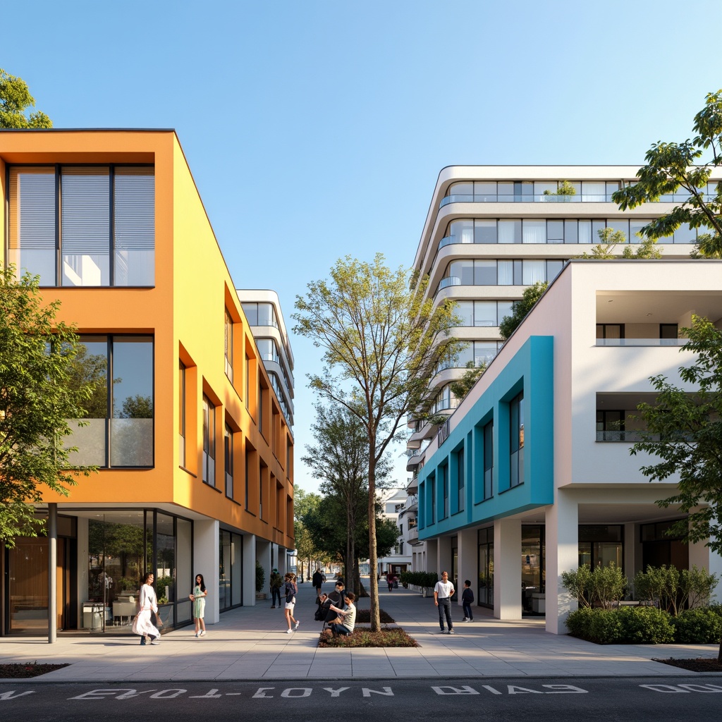 Prompt: Vibrant elementary school facade, modernist architecture style, clean lines, minimalist design, large windows, glass doors, aluminum frames, neutral color palette, rectangular shapes, flat roofs, urban landscape, bustling city streets, morning sunlight, soft shadows, shallow depth of field, 1/1 composition, realistic textures, ambient occlusion.