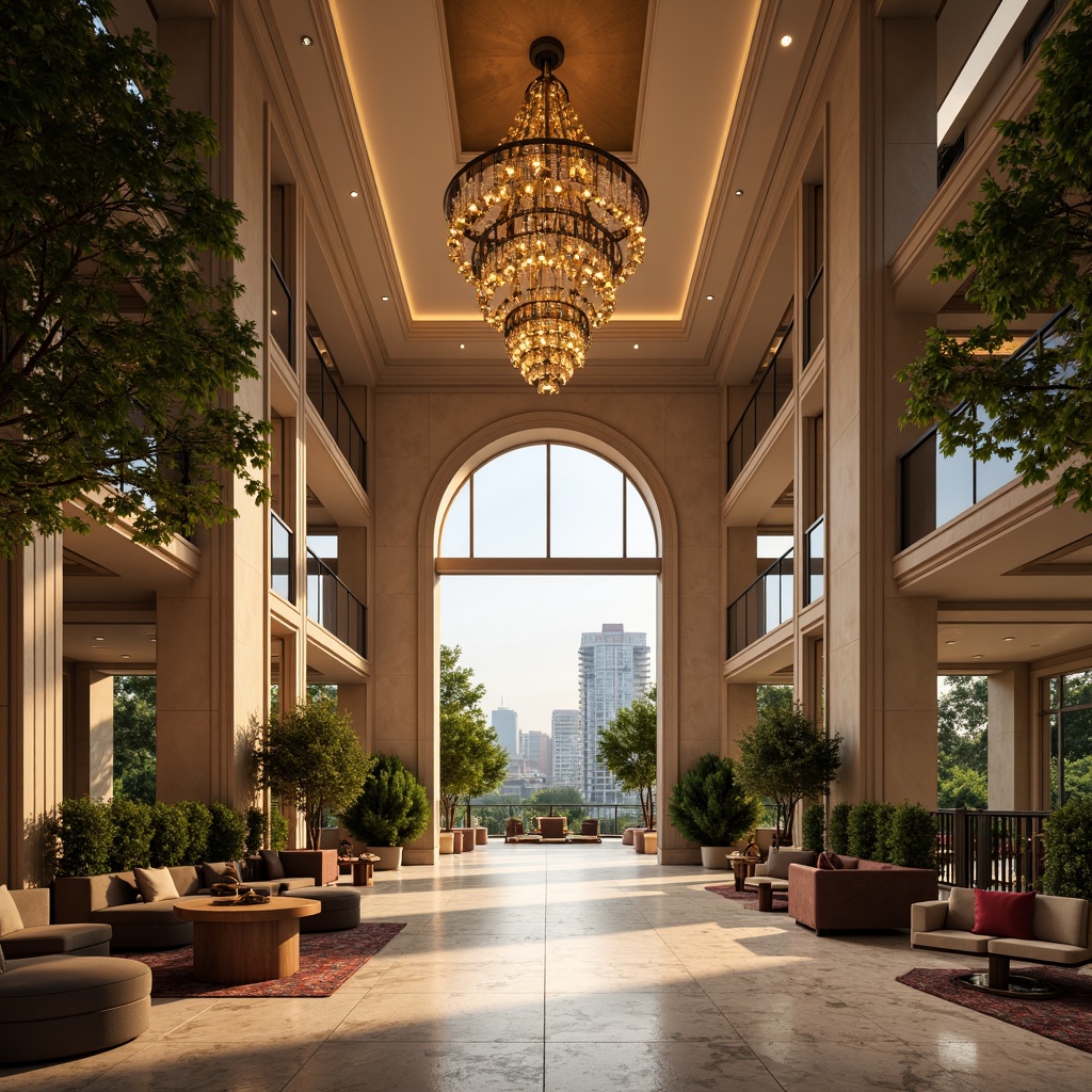 Prompt: Luxurious hotel facade, grand entrance, ornate columns, elegant archways, warm golden lighting, inviting porte-cochere, spacious lobby, lavish chandeliers, opulent furnishings, rich textiles, polished marble floors, sophisticated color palette, modern minimalist design, sleek glass railings, verdant green walls, rooftop pool deck, stunning city skyline views, warm sunny day, soft natural light, 1/2 composition, shallow depth of field, realistic rendering.