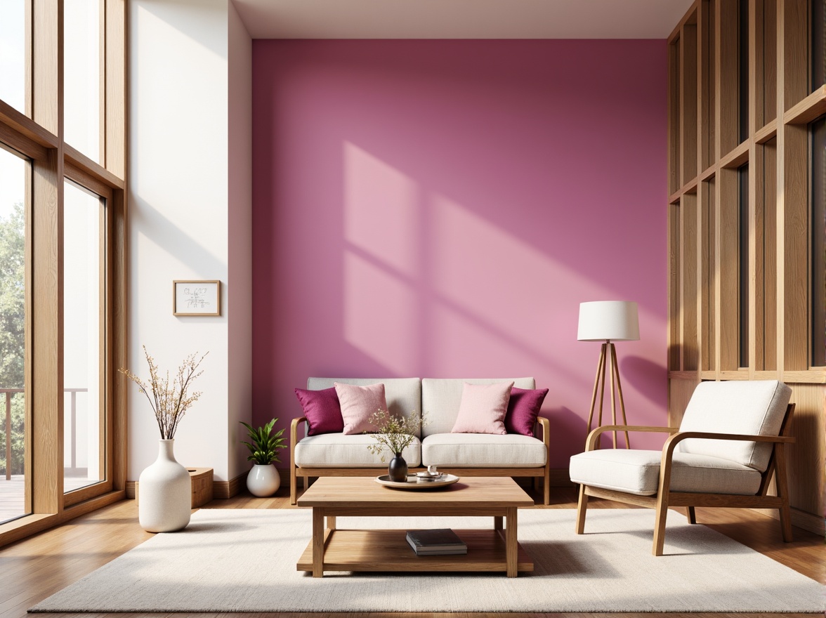 Prompt: Vibrant magenta accents, soft pastel hues, creamy whites, rich wood tones, natural linen textures, minimalist modern furniture, elegant curves, subtle metallic sheens, warm golden lighting, shallow depth of field, 2/3 composition, realistic fabric renderings, ambient occlusion.