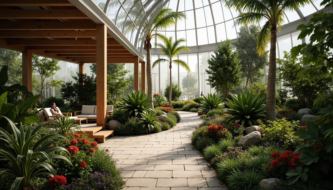 Prompt: Tropical greenhouse interior, lush vegetation, exotic flowers, natural stone pathways, wooden trellises, misting systems, soft warm lighting, shallow depth of field, 3/4 composition, panoramic view, realistic textures, ambient occlusion, curved glass roofs, modern minimalist architecture, sustainable energy solutions, solar panels, water conservation systems, green walls, eco-friendly materials, innovative climate control technologies, shaded outdoor spaces, comfortable seating areas, vibrant colorful accents, intricate botanical patterns.