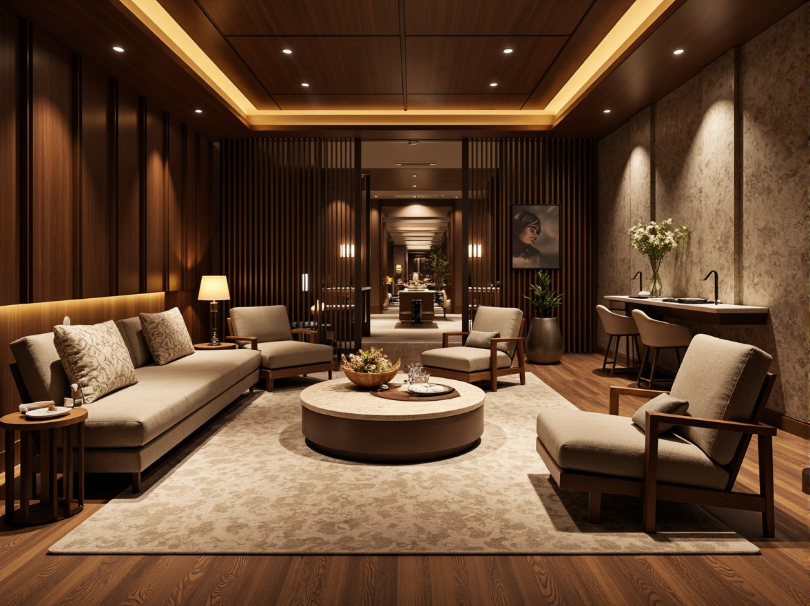 Prompt: Luxurious interior space, rich wood flooring, velvety soft carpets, metallic accents, elegant marble countertops, sleek glass surfaces, ambient lighting, warm cozy atmosphere, plush furniture upholstery, natural stone walls, modern minimalist decor, 3/4 composition, shallow depth of field, realistic textures, soft focus effect.