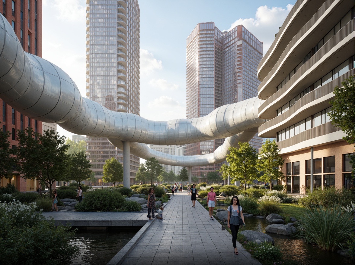 Prompt: Curved blob-like structures, undulating organic forms, smooth translucent materials, iridescent colors, futuristic transportation hubs, sleek suspension cables, dynamic pedestrian pathways, lush greenery integration, natural stone foundations, water features, misting systems, ambient lighting, shallow depth of field, 3/4 composition, panoramic view, realistic reflections, soft warm glow.