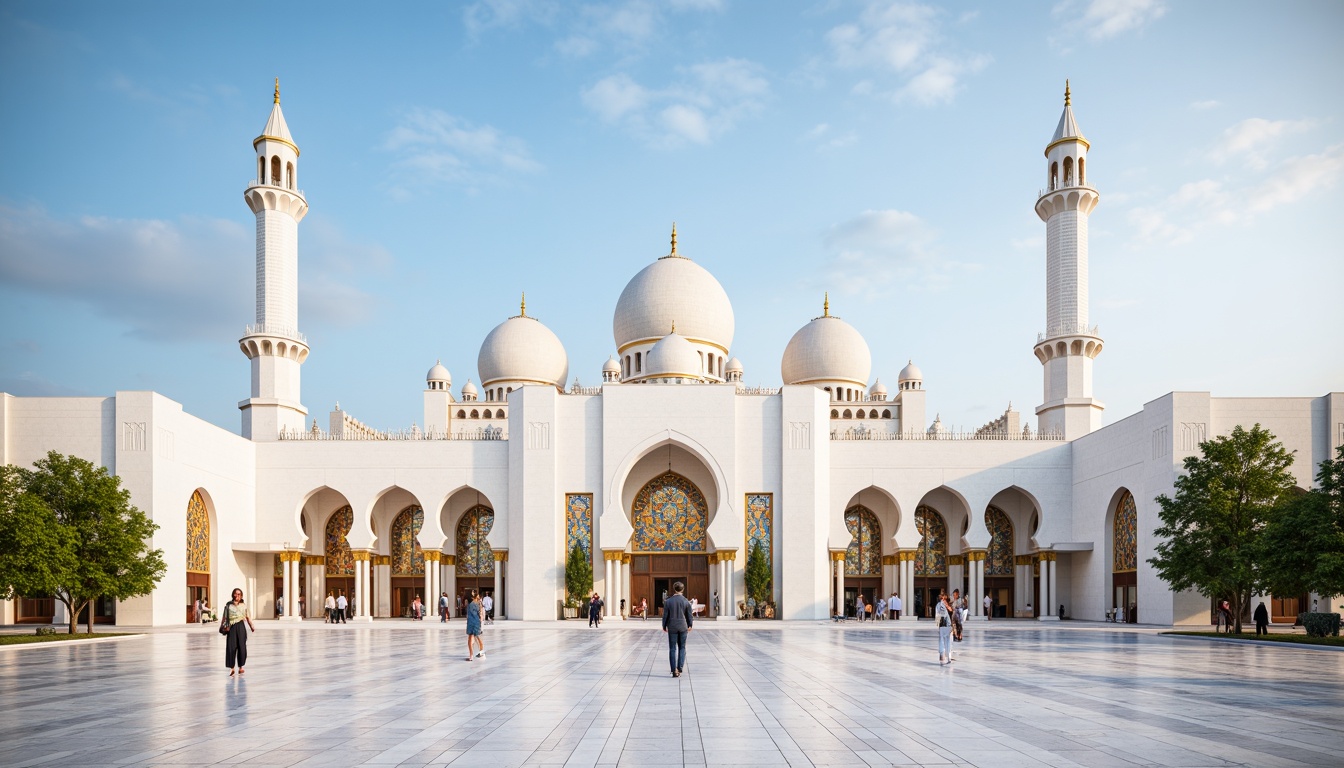 Prompt: Minaret, grand dome, intricate arches, ornate columns, vibrant stained glass windows, symmetrical fa\u00e7ade, modern international style, clean lines, minimal ornamentation, functional simplicity, bold geometric shapes, white marble exterior, golden accents, sacred symbols, peaceful ambiance, soft natural lighting, shallow depth of field, 3/4 composition, realistic textures, ambient occlusion.