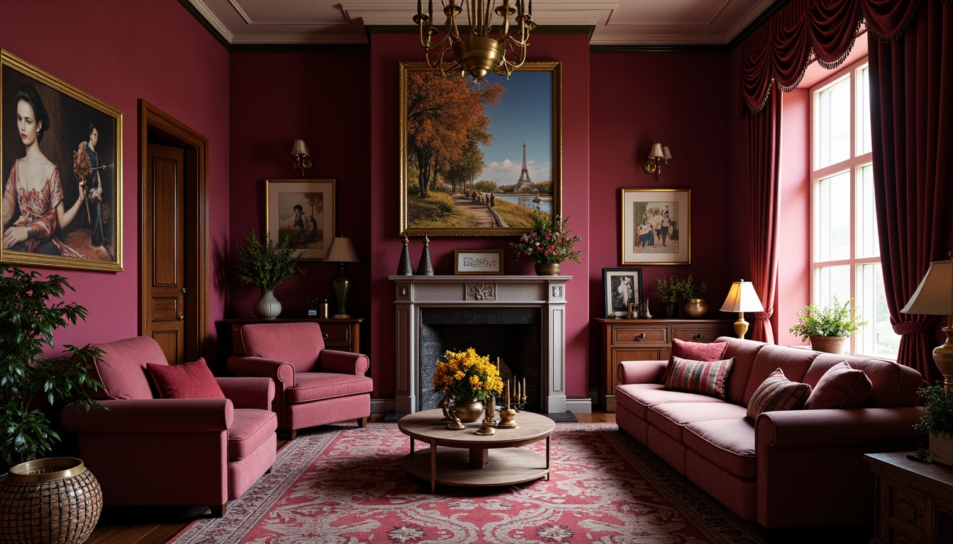 Prompt: Rich plum hues, velvety smooth textures, luxurious jewel-toned accents, warm golden lighting, soft focus, shallow depth of field, 1/2 composition, intimate atmosphere, cozy living room, plush furnishings, ornate decorative patterns, lavish drapery, regal architecture, vintage-inspired furniture, bold statement pieces, eclectic art collections.