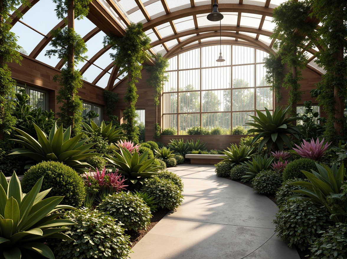 Prompt: Tropical greenhouse, lush vegetation, exotic flowers, natural stone walls, wooden trellises, misting systems, soft diffused lighting, shallow depth of field, 1/1 composition, panoramic view, realistic textures, ambient occlusion, curved lines, organic shapes, earthy color palette, warm atmosphere, humid climate, sustainable irrigation systems, rainwater harvesting, grey water reuse, energy-efficient systems, solar panels, wind turbines, living walls, green roofs, innovative glazing materials, minimalistic design, seamless transitions, natural ventilation systems.