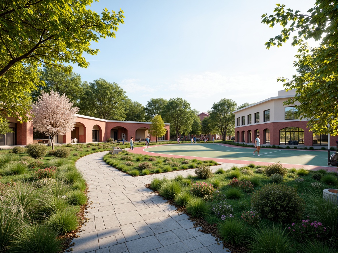 Prompt: Vibrant gymnasium courtyard, lush greenery, natural stone pathways, athletic tracks, sports equipment, basketball hoops, tennis courts, shaded outdoor spaces, retractable roofs, modern architecture, large windows, glass doors, blooming trees, sunny day, soft warm lighting, shallow depth of field, 3/4 composition, panoramic view, realistic textures, ambient occlusion, integrated landscape design, seamless indoor-outdoor transition, eco-friendly materials, sustainable building practices.