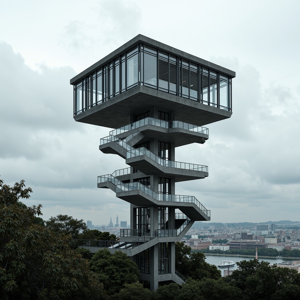 Prompt: Futuristic watchtower, sleek metal framework, cantilevered structures, angular lines, minimalist design, modernist architectural style, elevated observation decks, panoramic views, steel beams, concrete foundations, geometric shapes, industrial materials, urban landscape, cityscape, cloudy sky, dramatic lighting, high contrast, 3/4 composition, realistic textures, ambient occlusion.