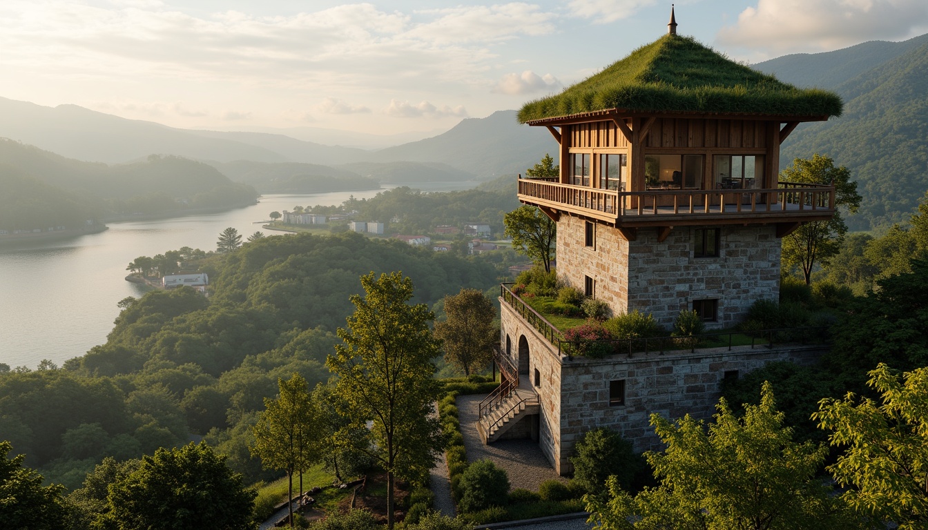 Prompt: Majestic watchtower, rugged stone walls, lush green roofs, wooden beam structures, panoramic views, rolling hills, serene lakeside, misty mornings, warm golden lighting, atmospheric perspective, 1/2 composition, symmetrical architecture, harmonious integration, natural textures, earthy tones, weathered wood accents, botanical gardens, winding staircases, scenic overlooks, bird's-eye view.