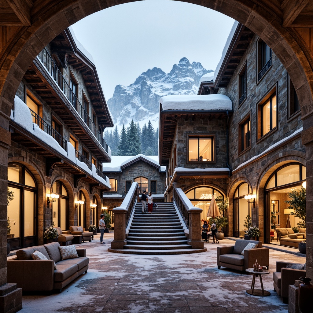 Prompt: Grandiose ski resort, lavish snow-covered mountains, ornate wooden chalets, intricately carved stone facades, golden accents, regal furnishings, opulent chandeliers, rich velvet drapes, grand staircases, majestic archways, dramatic vaulted ceilings, intricate fresco paintings, warm candlelight, soft focus, shallow depth of field, 1/2 composition, cinematic lighting, realistic snowflakes, ambient occlusion.