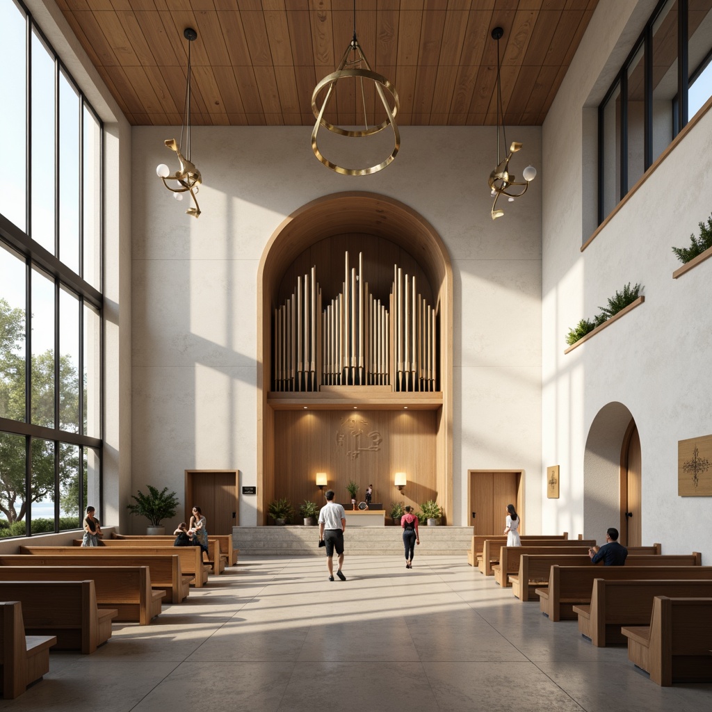 Prompt: Minimalist worship hall, high ceilings, large windows, natural light pouring in, sleek stone floors, simple wooden pews, abstract geometric patterns, subtle spiritual symbols, grand organ pipes, ornate golden accents, minimalist chandeliers, soft warm lighting, shallow depth of field, 3/4 composition, symmetrical architecture, clean lines, monochromatic color scheme, international style influences, cultural fusion elements, modern religious art pieces, peaceful ambiance, serene atmosphere.