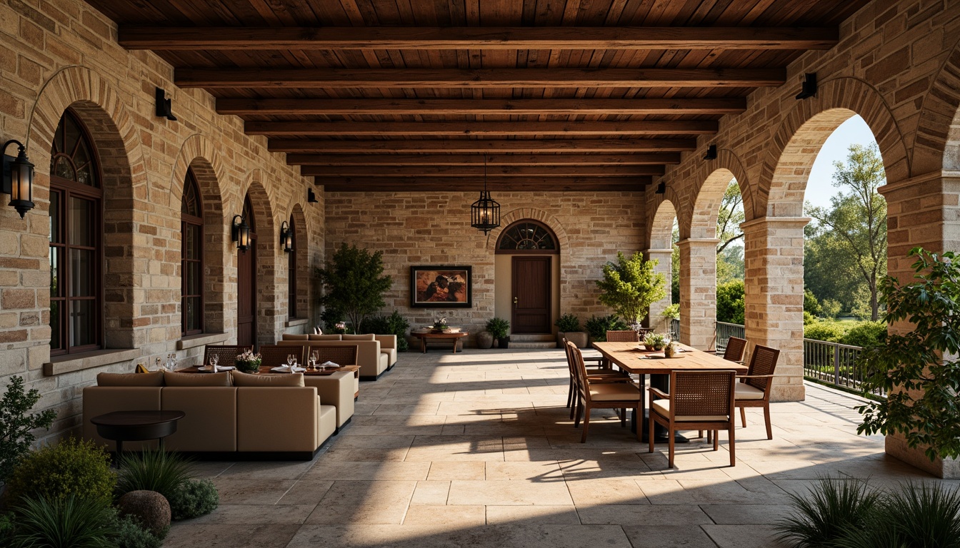 Prompt: Rustic dining hall, natural stone walls, wooden beam ceilings, earthy color palette, textured brick facades, arched windows, heavy stone columns, ornate metal doorways, vintage lighting fixtures, distressed wood furniture, lush greenery, outdoor seating areas, soft warm ambiance, shallow depth of field, 3/4 composition, realistic textures, ambient occlusion.