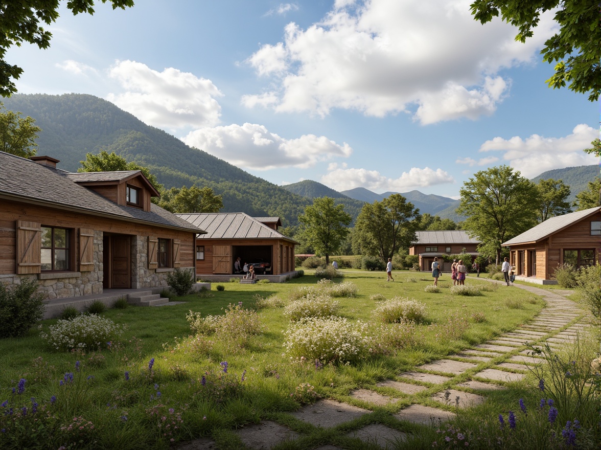 Prompt: Rustic rural landscape, rolling hills, wooden farmhouses, natural stone walls, earthy tones, weathered wood textures, corrugated metal roofs, vintage agricultural equipment, wildflower meadows, deciduous trees, cloudy blue skies, soft warm lighting, shallow depth of field, 3/4 composition, panoramic view, realistic wood grain, ambient occlusion, wooden shutters, clay tile roofs, stone pathways, distressed wood accents, natural linen fabrics, woven wicker furniture.