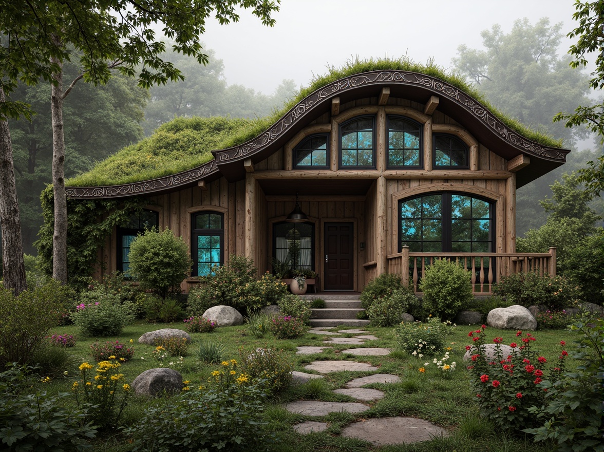 Prompt: Rustic rural cottage, curved lines, ornate metalwork, flowing organic forms, intricate wooden carvings, stained glass windows, vibrant turquoise accents, lush greenery, overgrown vines, wildflowers, natural stone foundations, earthy tones, soft warm lighting, atmospheric mist, serene countryside, 3/4 composition, realistic textures, ambient occlusion.