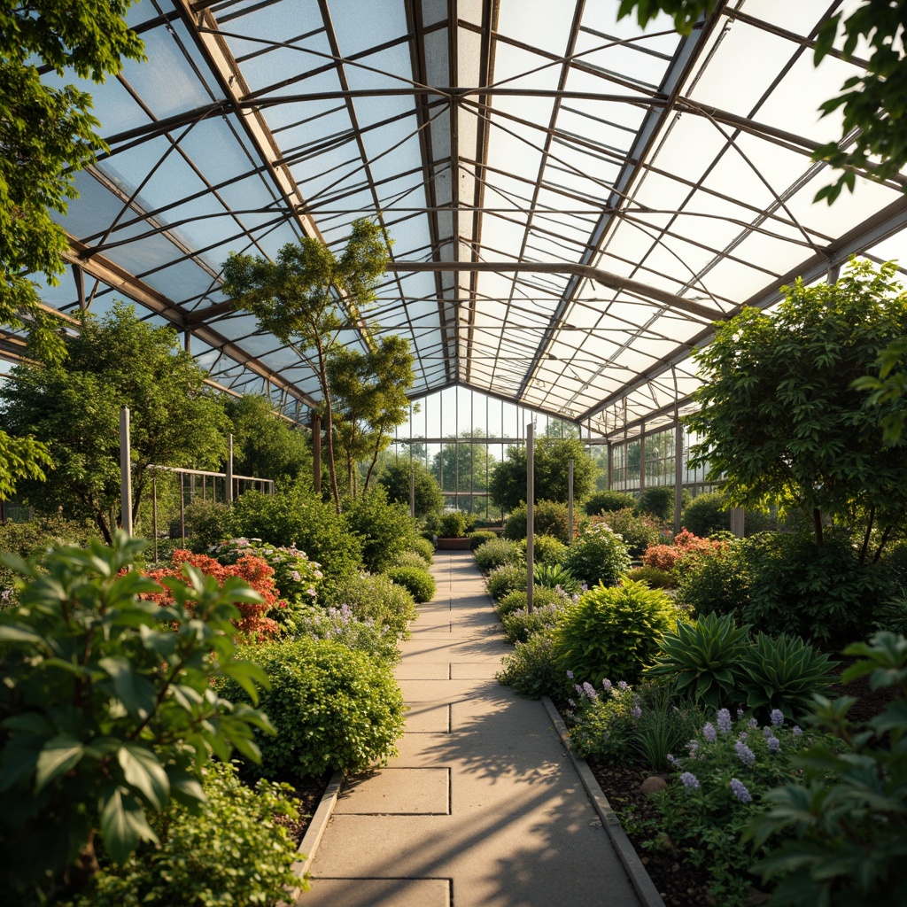 Prompt: Eco-friendly greenhouse, lush vegetation, natural ventilation, solar panels, rainwater harvesting systems, recycled materials, living walls, green roofs, organic farming practices, misting irrigation systems, warm natural lighting, soft shadows, shallow depth of field, 1/2 composition, realistic textures, ambient occlusion.