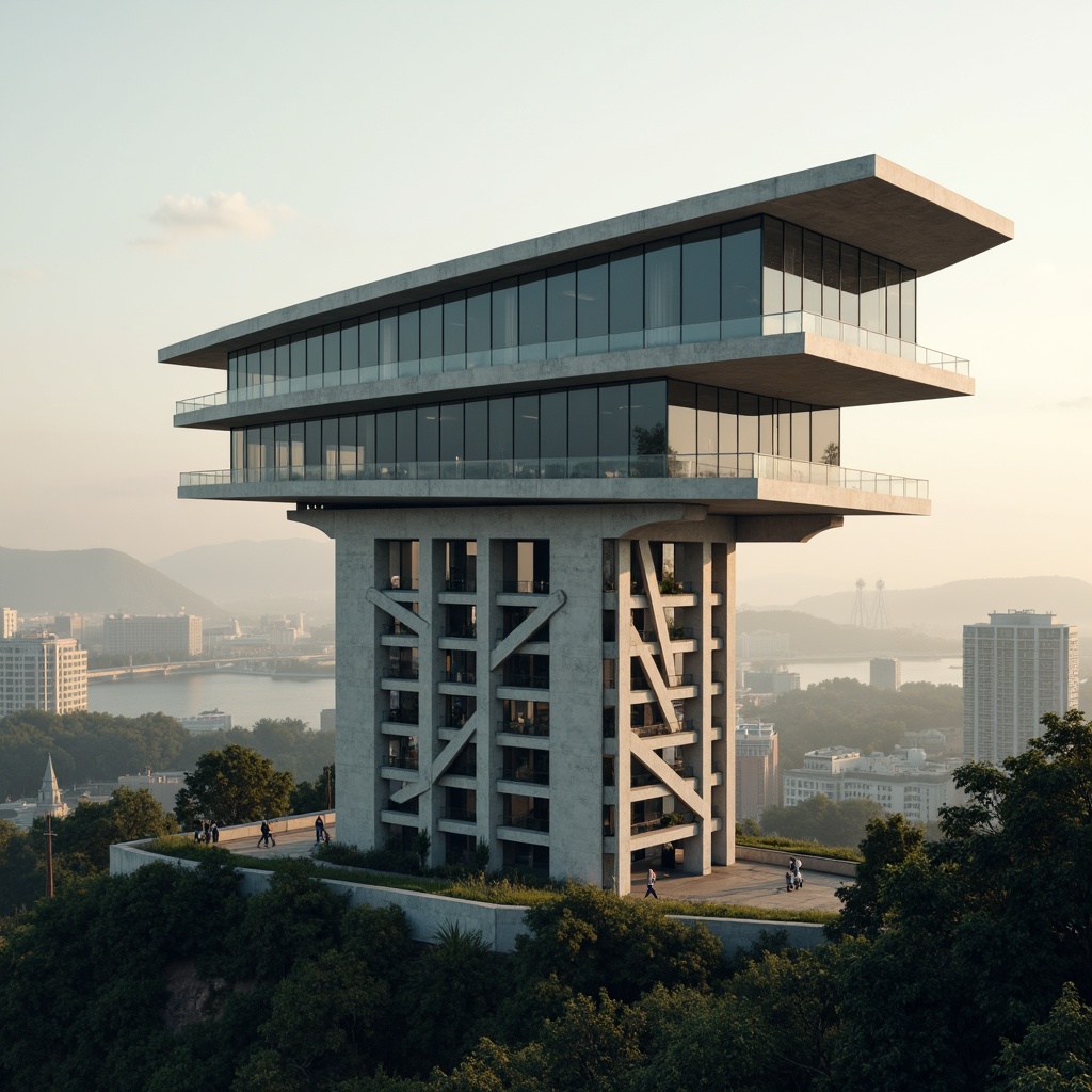 Prompt: Sleek watchtower, modernist architecture, reinforced concrete structure, cantilevered sections, angular lines, minimalist design, metallic latticework, glass enclosures, panoramic views, urban landscape, cityscape, industrial chic, functional simplicity, brutalist influences, raw concrete textures, dramatic shadows, high-contrast lighting, 1-point perspective composition, atmospheric mist, soft warm glow.