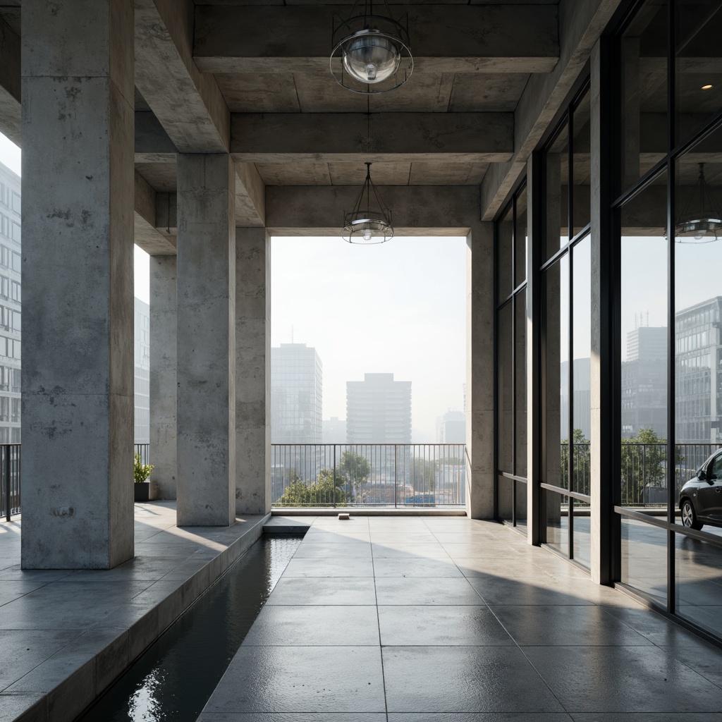 Prompt: Exposed concrete walls, raw metal beams, polished chrome accents, sleek glass surfaces, minimalist stone floors, industrial-style lighting fixtures, neutral color palette, geometric shapes, clean lines, modern urban landscape, cityscape views, foggy morning atmosphere, softbox lighting, high contrast ratio, 1/2 composition, cinematic depth of field, realistic reflections.