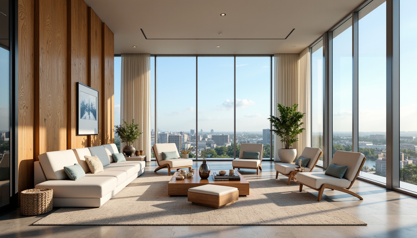 Prompt: Vibrant azure accents, soft creamy whites, rich wood tones, metallic silver highlights, warm beige backgrounds, natural stone textures, elegant minimalist decor, luxurious modern furniture, floor-to-ceiling windows, panoramic city views, sunny afternoon lighting, shallow depth of field, 1/1 composition, realistic reflections, ambient occlusion.