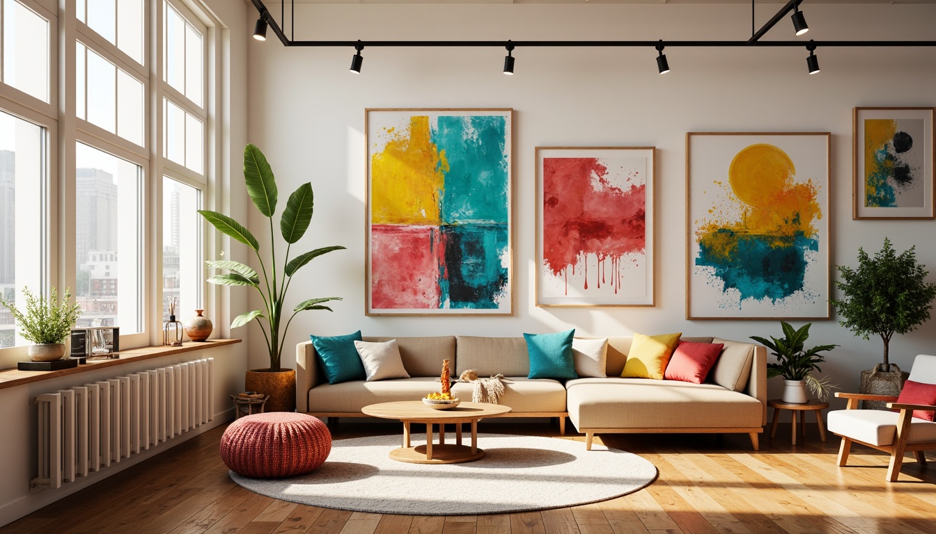 Prompt: Vibrant art studio, eclectic furniture arrangement, bold color blocking, textured abstract artworks, splashes of turquoise, coral pink accents, sunny yellow highlights, creamy white walls, polished wooden floors, modern track lighting, 1/2 composition, warm natural light, shallow depth of field, realistic brushstrokes, ambient occlusion.