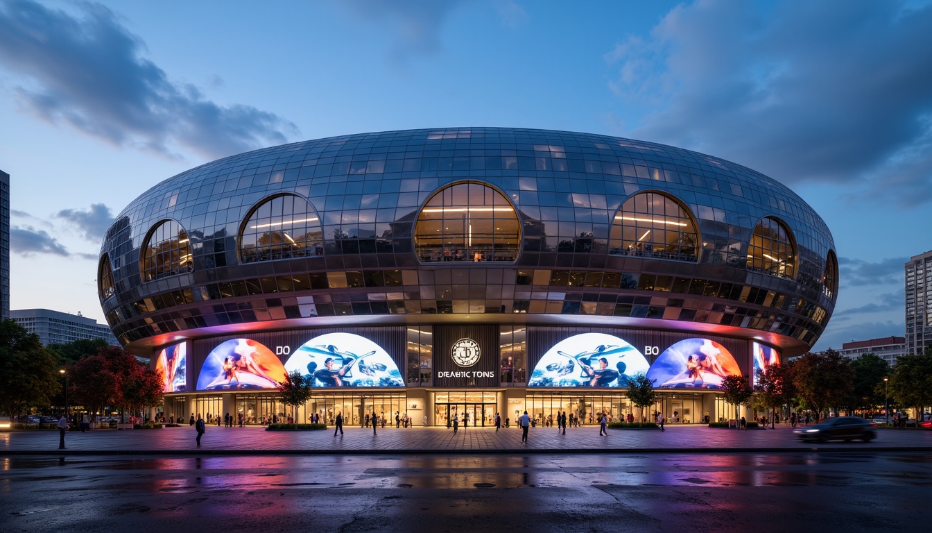 Prompt: Modern stadium exterior, sleek steel fa\u00e7ade, curved lines, metallic sheen, dynamic lighting, evening atmosphere, vibrant cityscape, urban landscape, elevated walkways, grand entrance gates, ticketing booths, electronic scoreboards, giant video screens, floodlighting, dramatic shadows, 1/2 composition, low-angle shot, realistic reflections, ambient occlusion.Let me know if you need any adjustments!