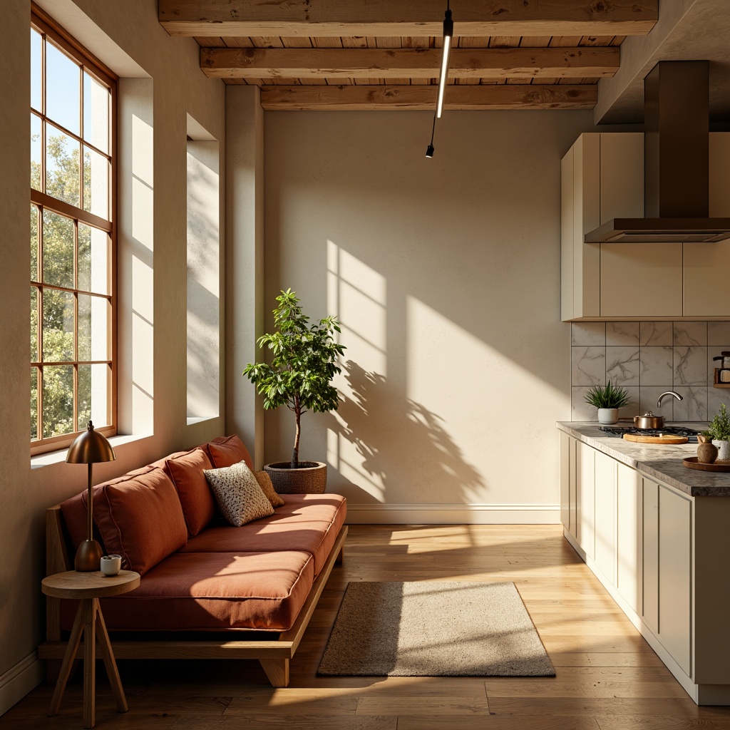 Prompt: Cozy apartment interior, warm beige walls, rich walnut wood floors, plush velvet sofas, soft golden lighting, nature-inspired color scheme, earthy tones, calming atmosphere, minimalist decor, industrial chic accents, metallic copper fixtures, creamy white kitchen cabinets, subtle marble textures, urban loft ambiance, afternoon sunlight, shallow depth of field, 1/1 composition.